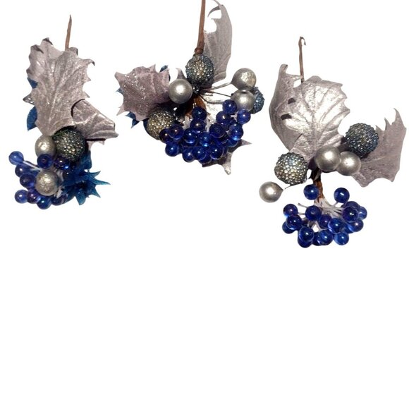 Vintage Set of 3 Blue Silver Holly Berry Sugar Beaded & Rubber Mistletoe 3-4" - Picture 4 of 4
